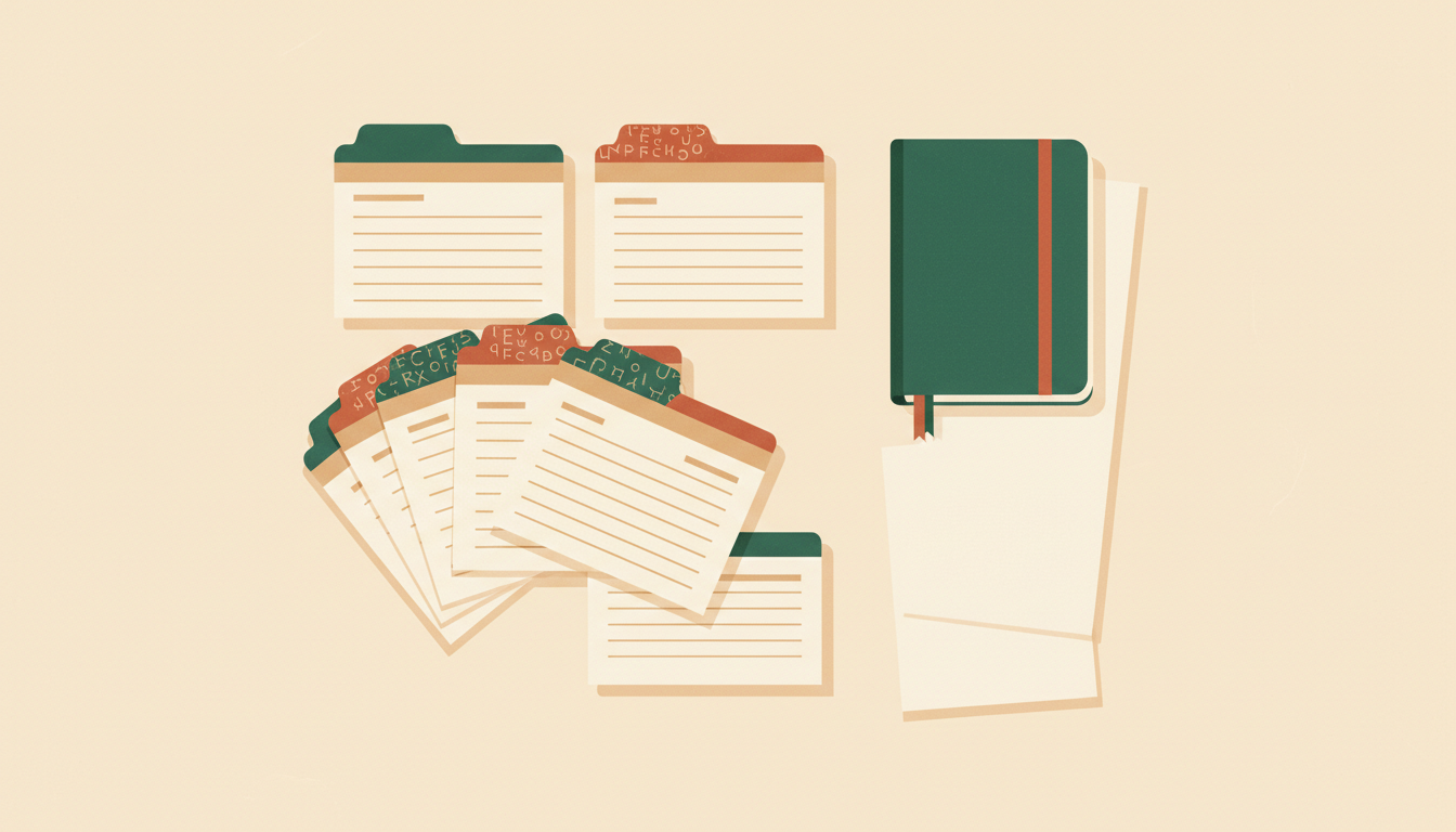 Index cards and folder tabs arranged on a desk, representing client management