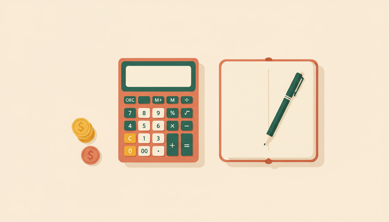A calculator, notepad and pen on a desk, representing invoicing and payments