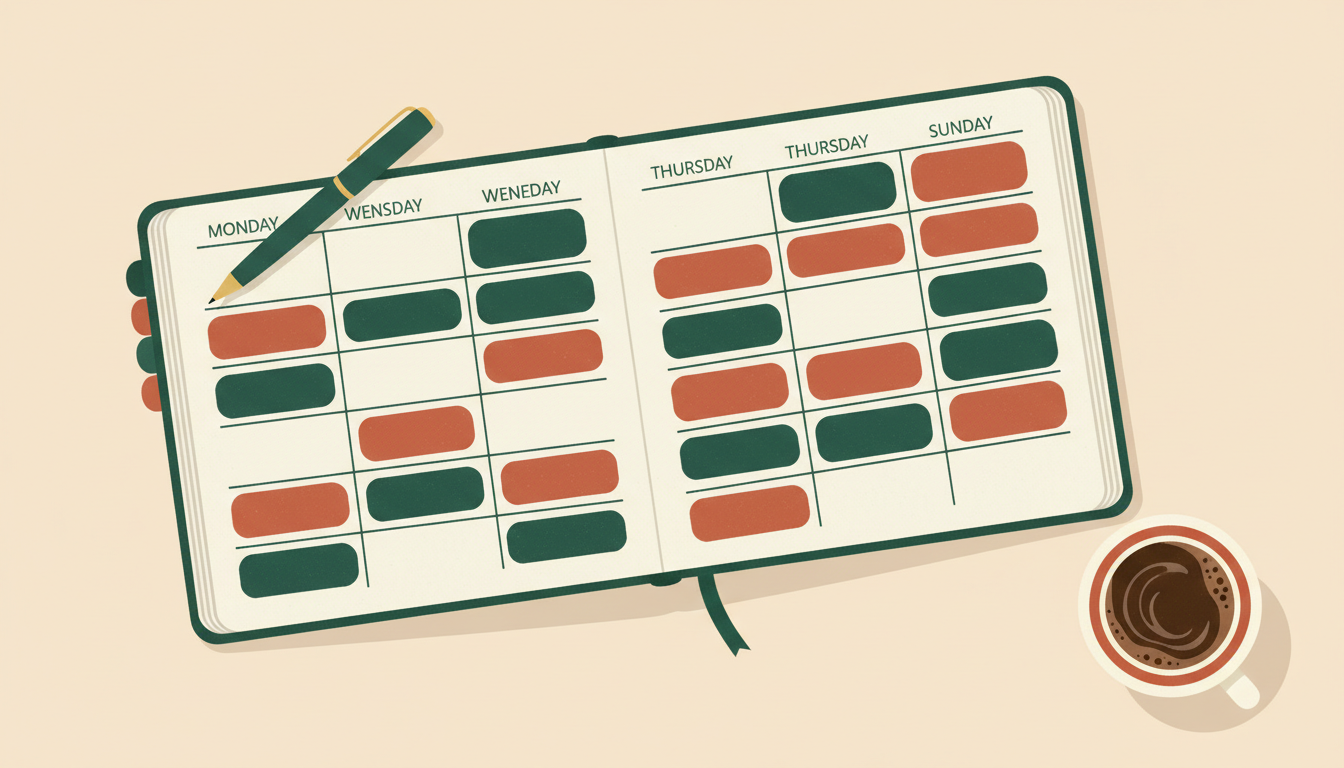 A weekly planner with a pen and coffee cup, representing scheduling